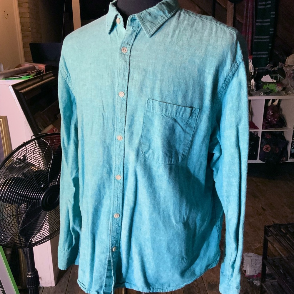 Old Navy XXL 2XL mens linen button down dress shirt cotton summer teal turquoise